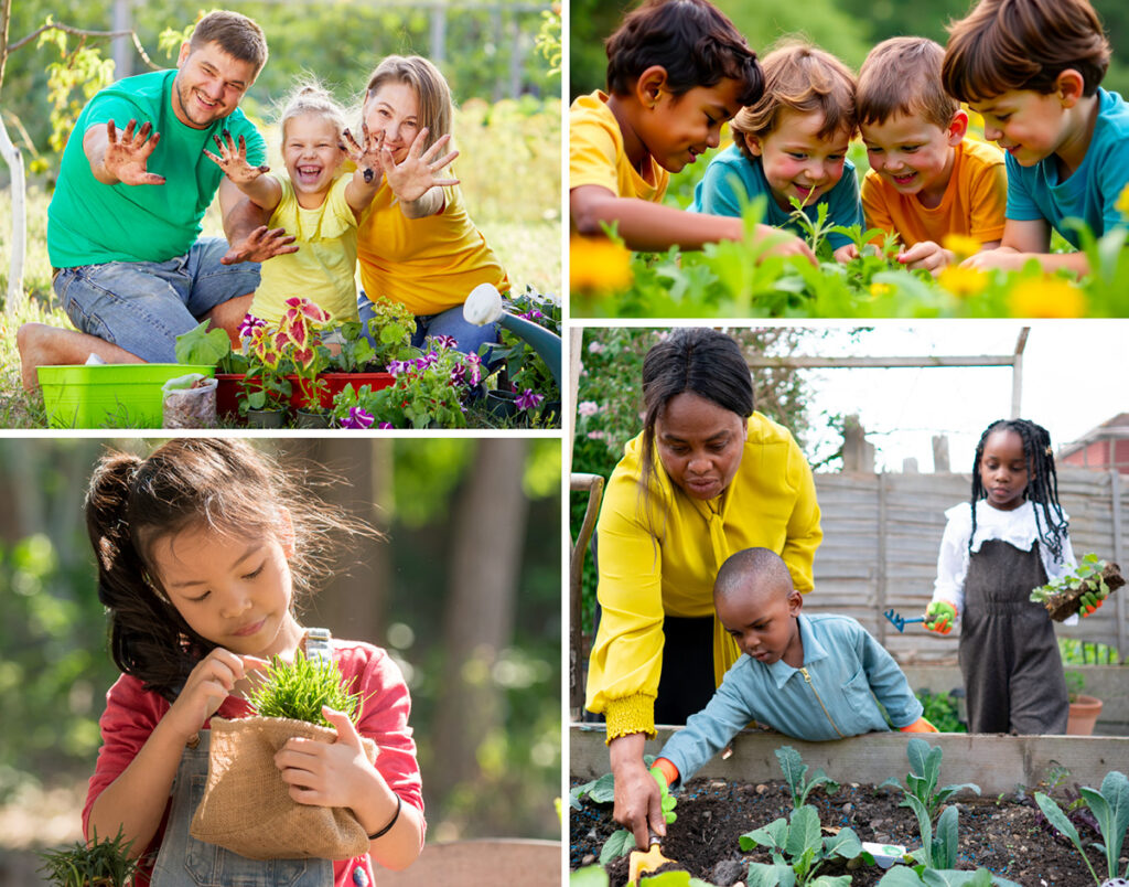 Families and children gardening together—planting flowers, tending seedlings, and smiling with dirt-covered hands in a sunny outdoor garden.